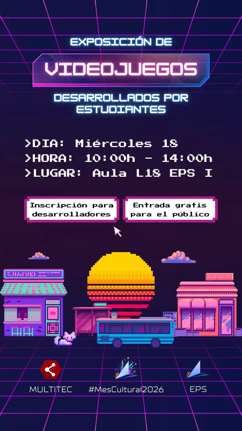 Cartel pixel-art de la exposición de videojuegos de estudiantes, con la fecha, la hora y el aula