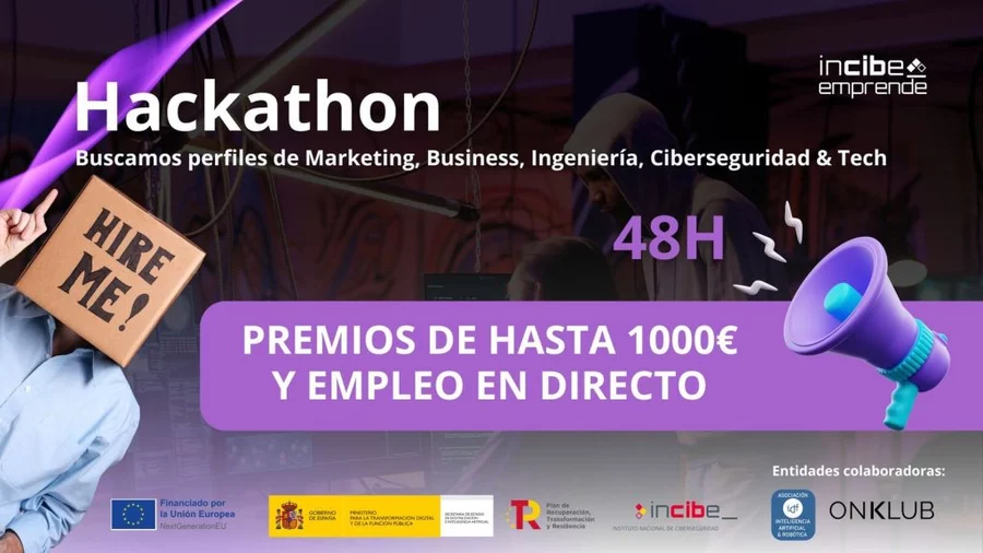Cartel del hackathon de ciberseguridad de ONKLUB e INCIBE, con 48 horas y premios de hasta 1000 euros