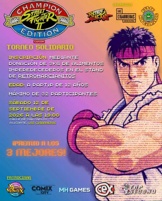 Cartel del torneo solidario de Street Fighter II Champion Edition, con Ryu y la fecha del sábado 12