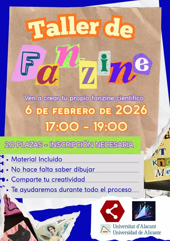 Cartel recortable del taller de fanzine, con letras de revista pegadas y la fecha del 6 de febrero