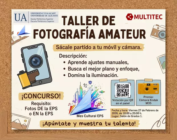 Cartel del taller de fotografía amateur de Multitec, con un móvil, un carrete y una cámara Kodak