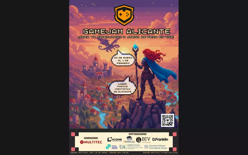 Cartel ilustrado de la Gamejam Alicante 2026 con las fechas y el lugar del evento